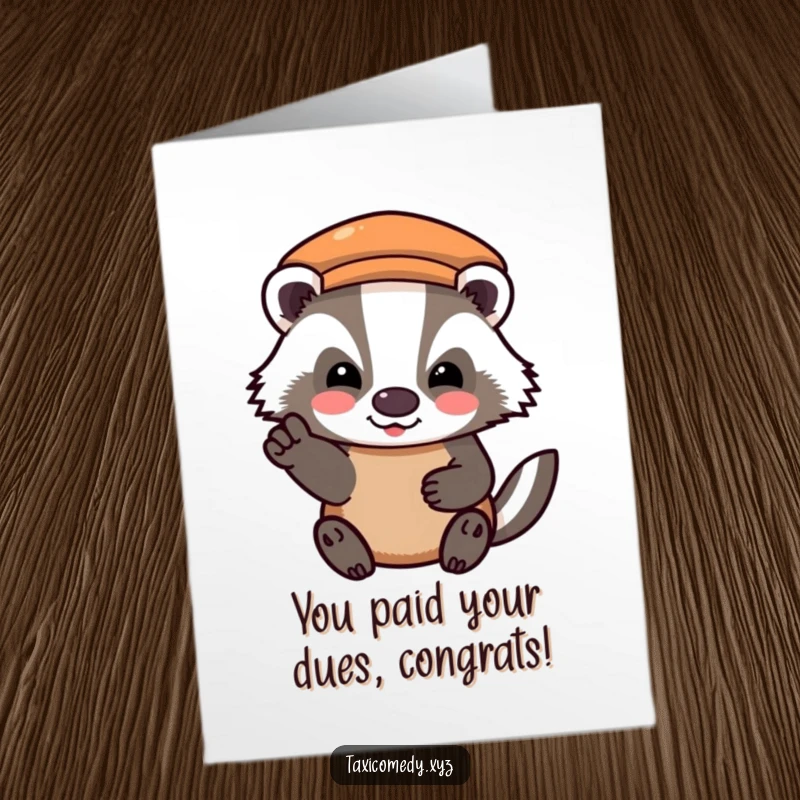 Funny Free Printable Congrats Card: A happy badger giving a grateful nod while paying taxi fare, marking success.