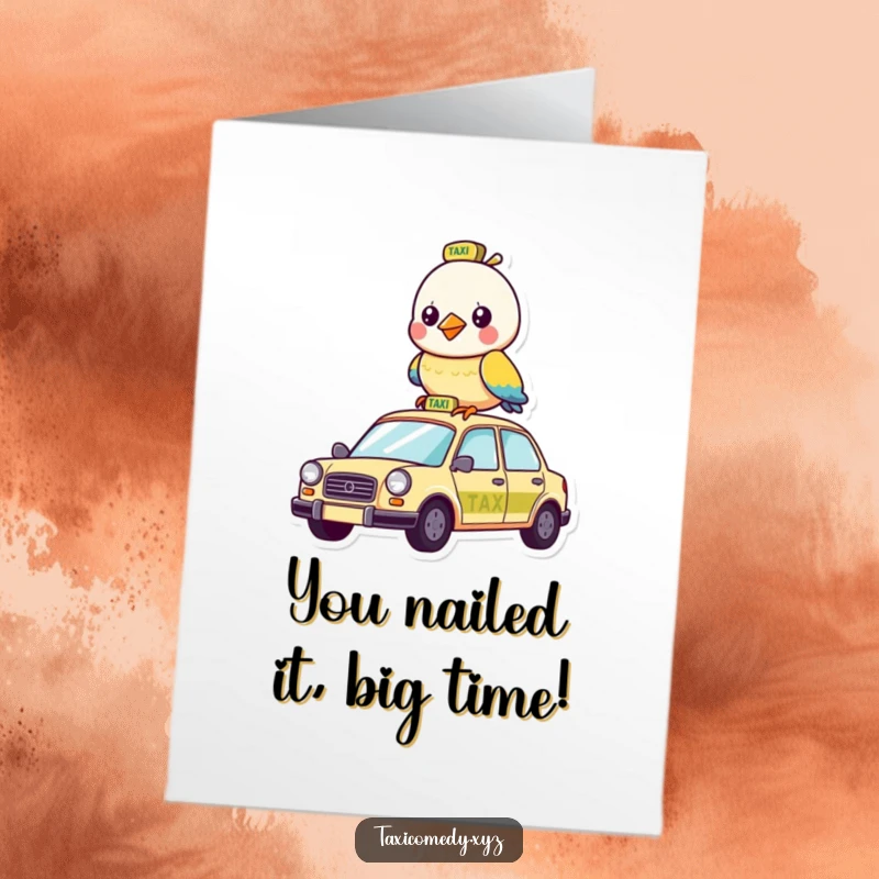 Funny Free Printable Bird Congratulations Card: A bird on a taxi celebrating a big win.