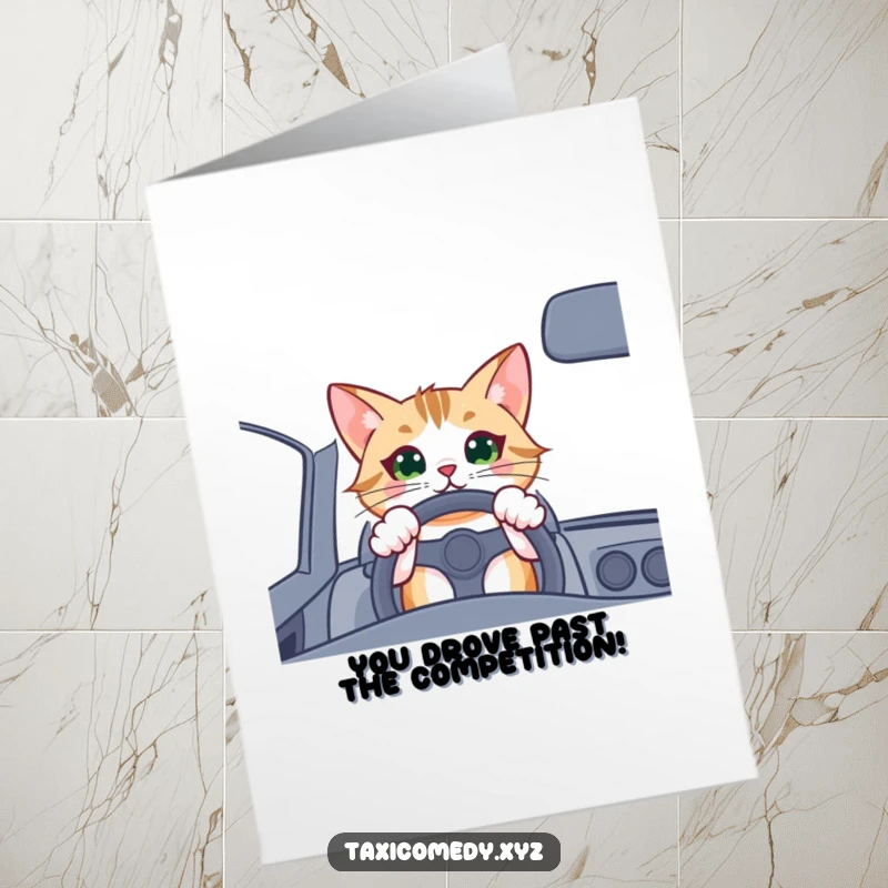Funny Free Printable Congrats Card: Elated cat driver with paws on the wheel, celebrating a big win.