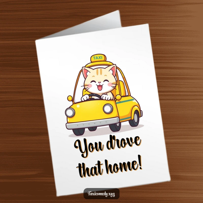 Funny free printable congratulations card: a joyful cat driving a yellow open-top taxi, celebrating a big achievement with a smile.