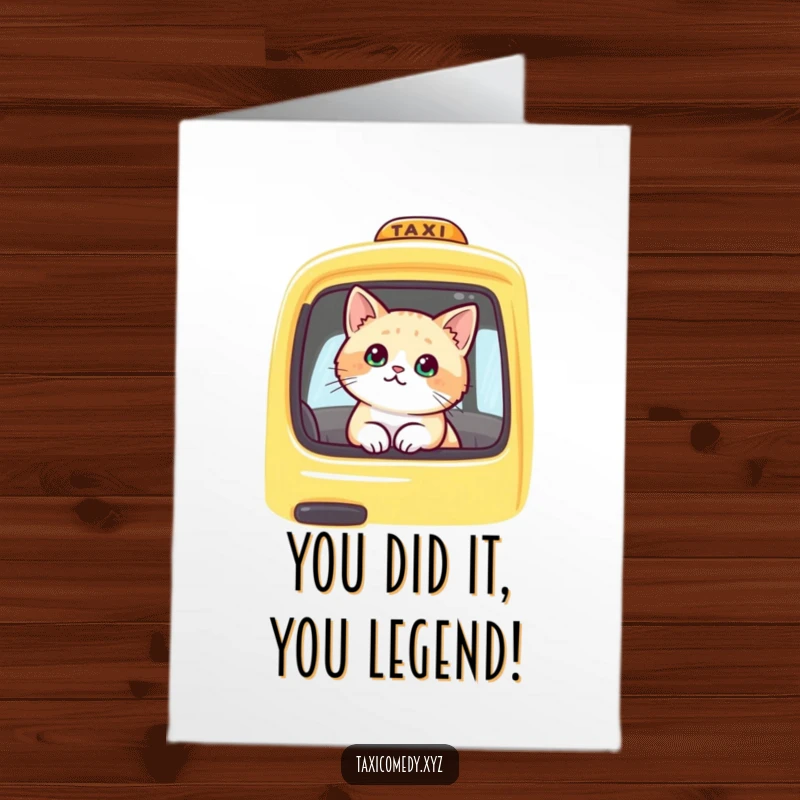 Funny Free Printable Congrats Card: Cute cat in taxi window, celebrating new adventure, perfect downloadable gift.