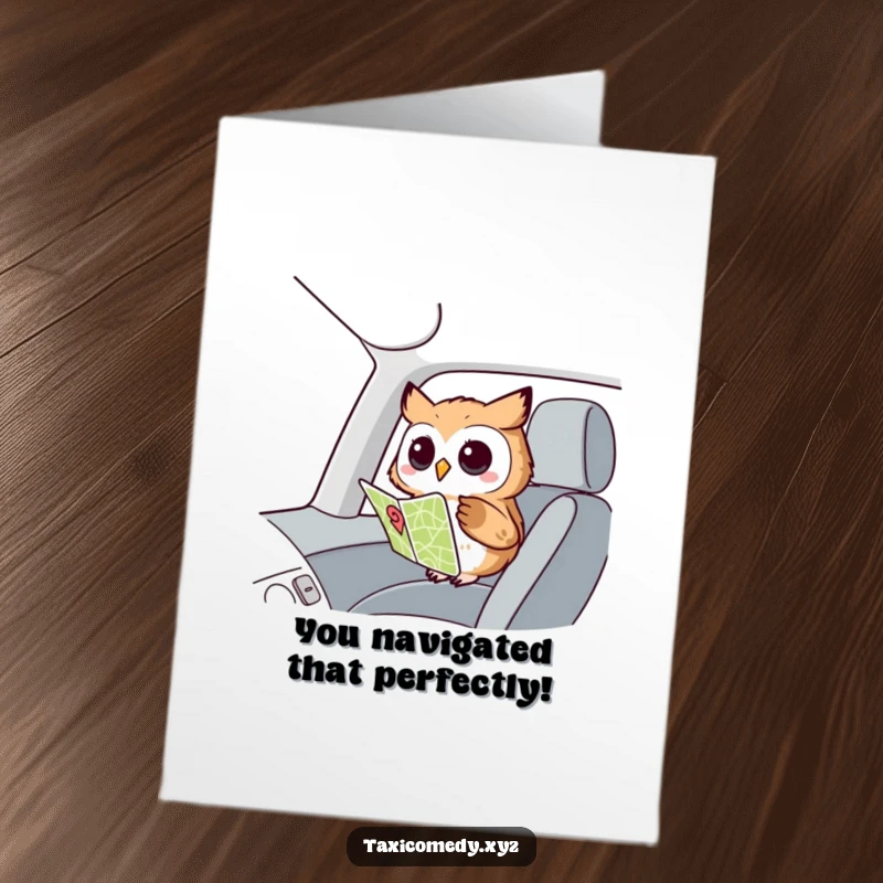 Funny Free Printable Congratulations Card: Owl wearing glasses, focused on a map, symbolising thoughtful planning.