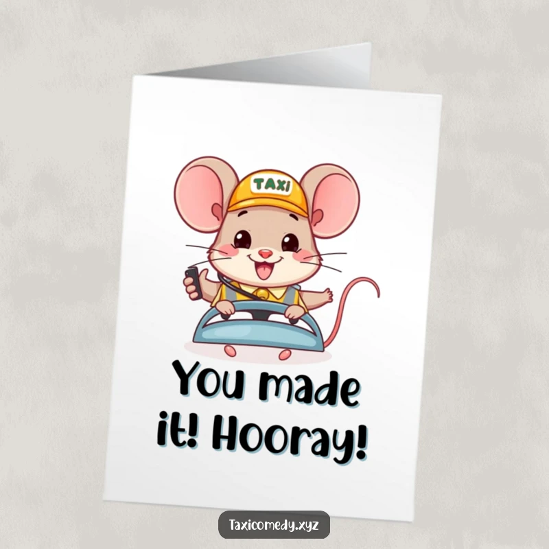 Free printable congratulations card showing a cheerful mouse acting as a busy taxi dispatcher, celebrating success.