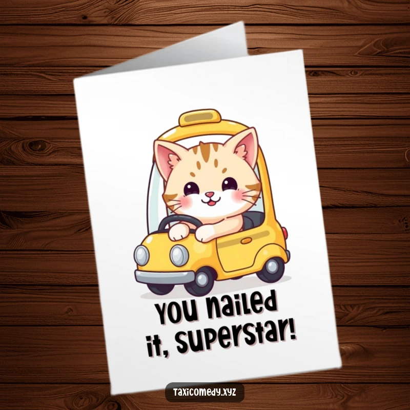 Funny free printable congratulations card: Adorable cat in a taxi, radiating happiness, ready to deliver good news with a smile.