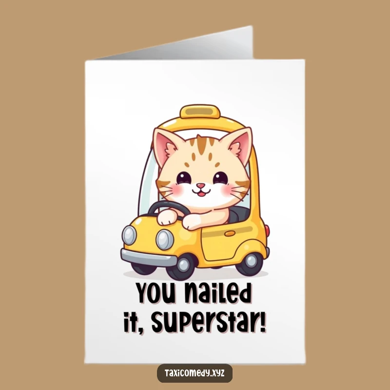 Free Printable Congrats Card: Smiling Cat Taxi Driver - Downloadable Fun
