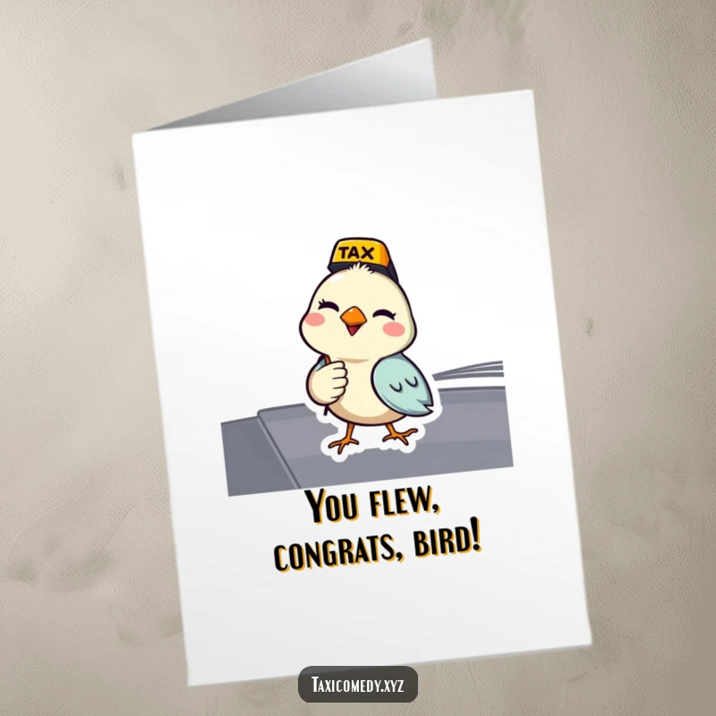 Funny free printable congratulations card of a bird acting as a taxi driver, offering a knowing wink.