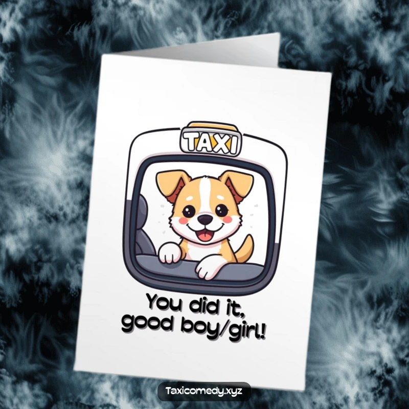 Funny free printable dog card: a dog in a taxi window celebrates your success with a happy grin.