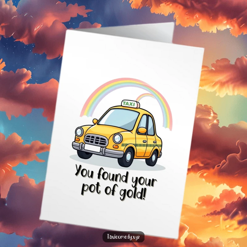 Funny Free Printable Magical Taxi card with a rainbow arching over its roof, a whimsical downloadable congrats gift.