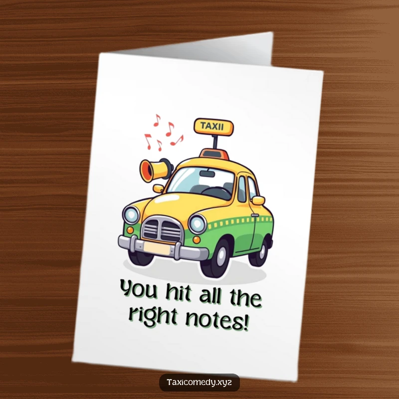 Funny Free Printable Music Taxi card with a taxi horn emitting cheerful musical notes, a harmonious downloadable congrats gift.