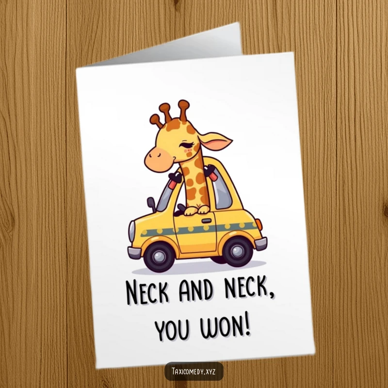 Funny Free Printable Congrats Card: Giraffe humorously crammed into small taxi, celebrating big achievements.