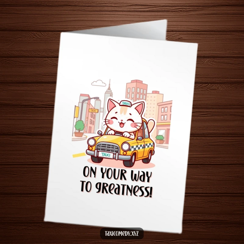 Funny Free Printable Congrats Card: A joyful cat navigates a taxi through colorful city streets, celebrating a milestone.