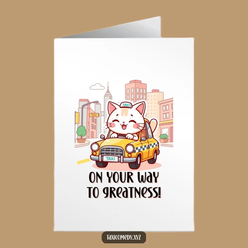 Free Printable Congrats Card: Cheerful Cat Taxi Driver Funny Downloadable Gift