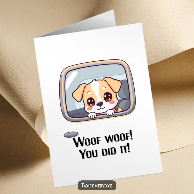 Funny Free Printable Congrats Card: Dog gazes out taxi window curiously, celebrating achievements with wide-eyed delight.
