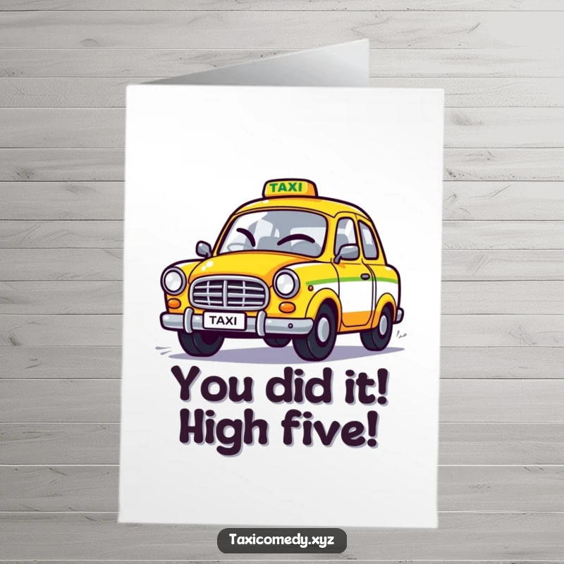 Funny Free Printable Congratulations Card: A stylized taxi with a mischievous wink zooms away, celebrating your big win.