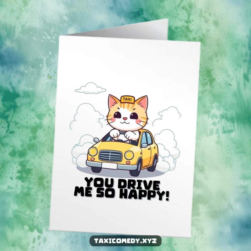 Funny Free Printable Congratulations Card showing a cat piloting a taxi on a cloud road, celebrating a major win.