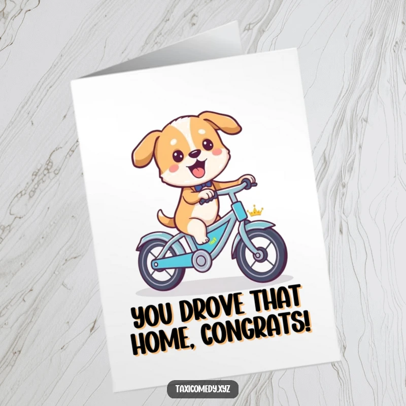 Funny free printable congratulations card showing a dog joyfully pedaling a tiny taxi, celebrating success with a comical, energetic ride.