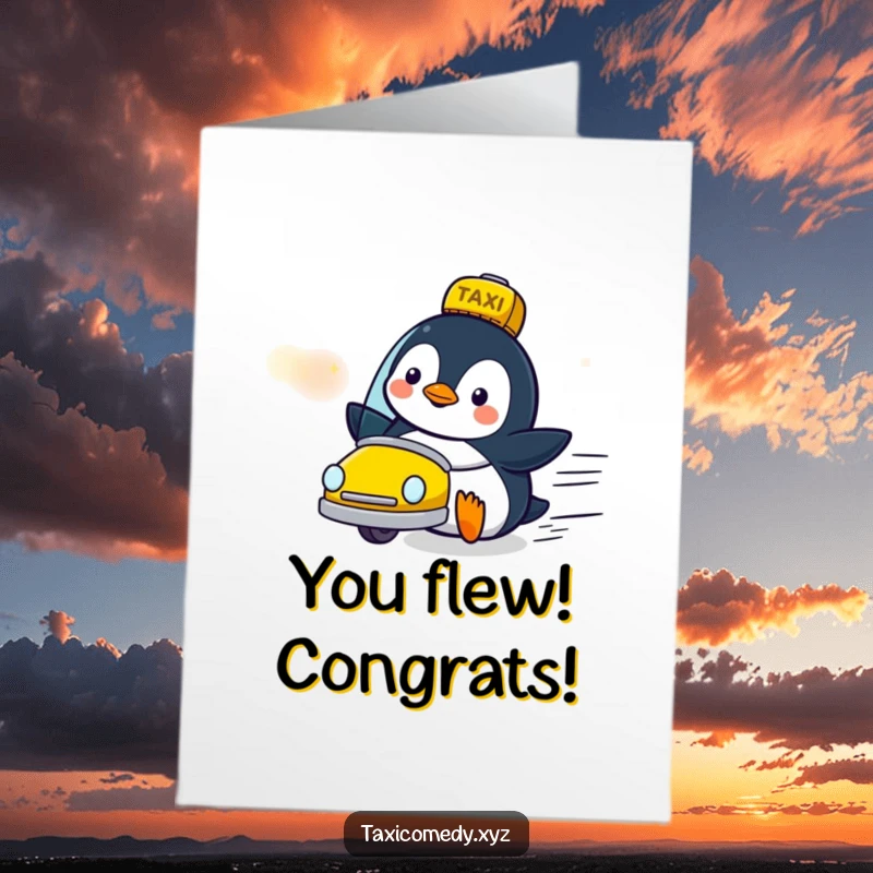 Funny Free Printable Congrats Card: A delighted penguin watches with glee as a taxi speeds by, embodying pure excitement.