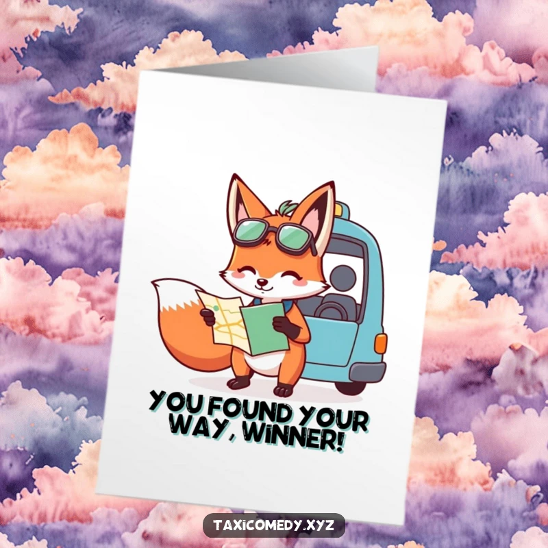 Humorous free printable congratulations card with a fox character expertly guiding a taxi with map directions, symbolizing a successful journey.
