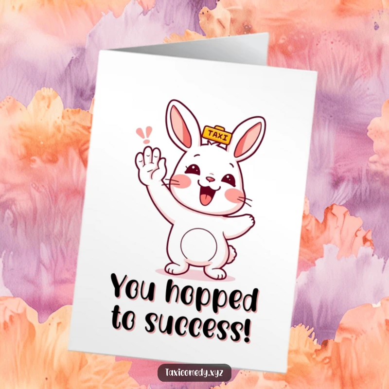 Funny Free Printable Congrats Card: Rabbit hails taxi to celebrate success, a hilarious downloadable greeting.