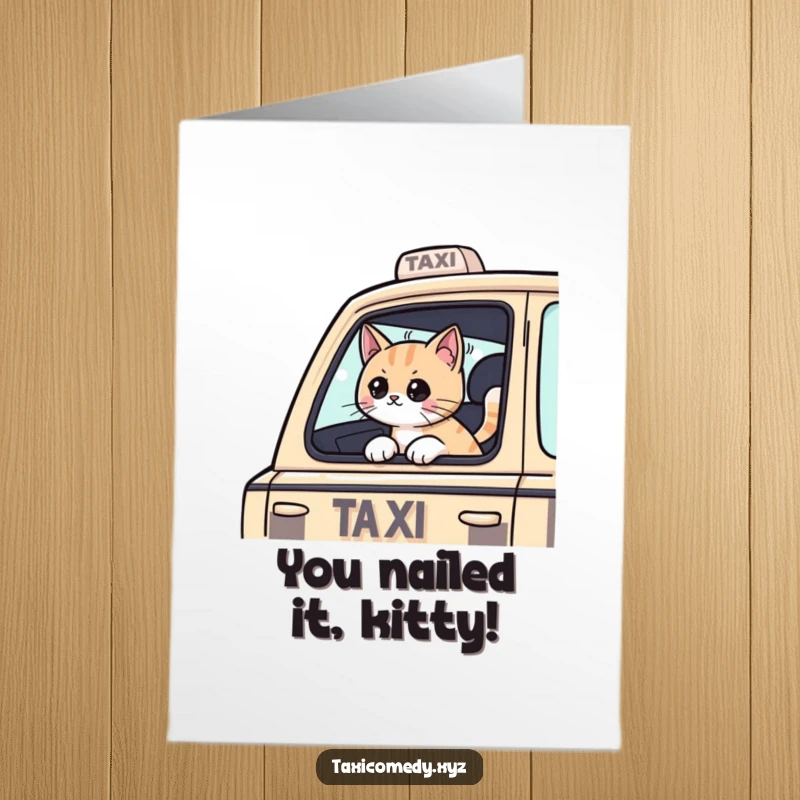 Funny Free Printable Congrats Card: Stylish cat with head out taxi window, celebrating a successful achievement with a cool breeze.