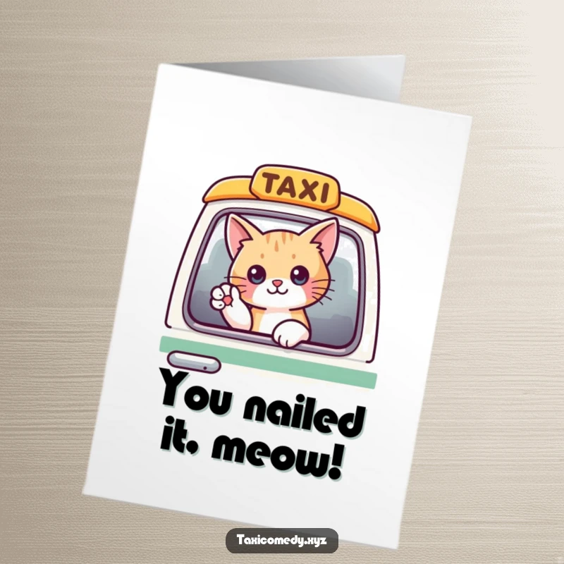 Funny free printable cat card: a cat in a taxi window waves a paw, celebrating your success.