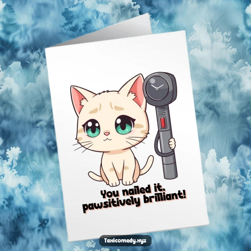 Funny Free Printable Congrats Card: Amused cat with huge eyes observes a taxi meter's ticking adventure, expressing delightful surprise.