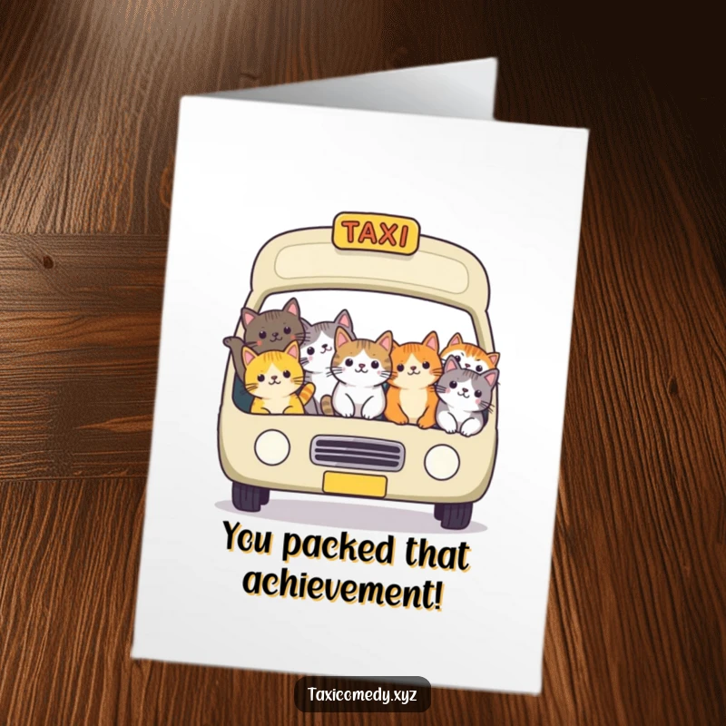 Funny free printable congratulations card: Cheerful cats share a packed taxi, celebrating your successful journey.
