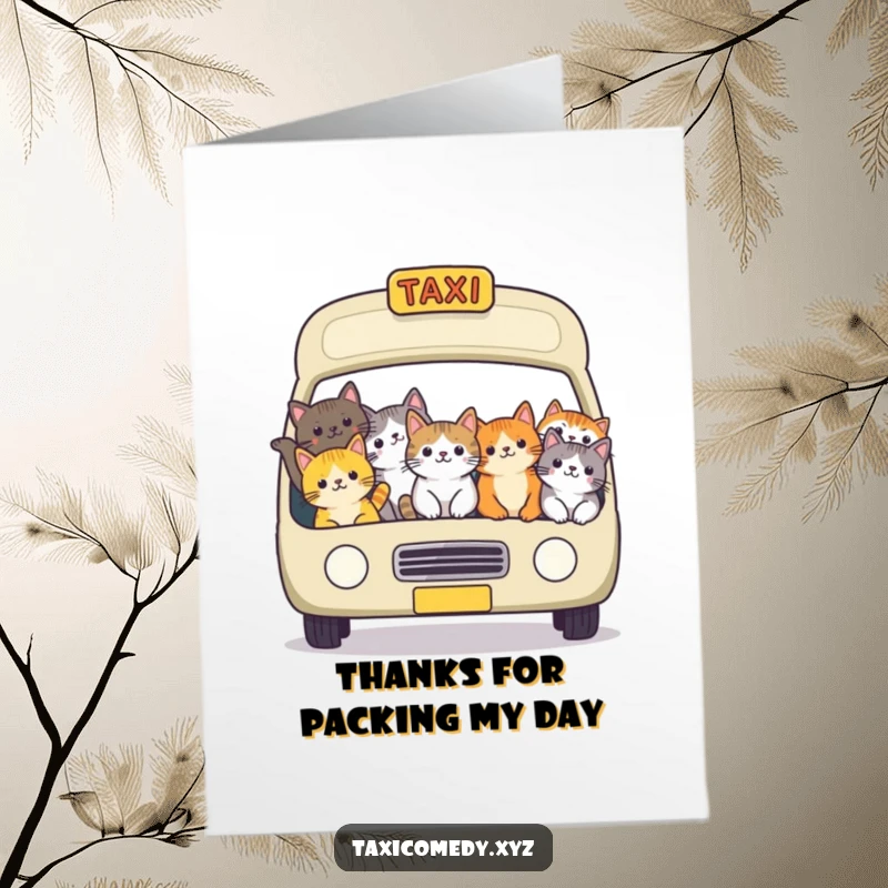 Funny free printable thank you card: A cheerful group of cats are crammed into a taxi, sending thanks.