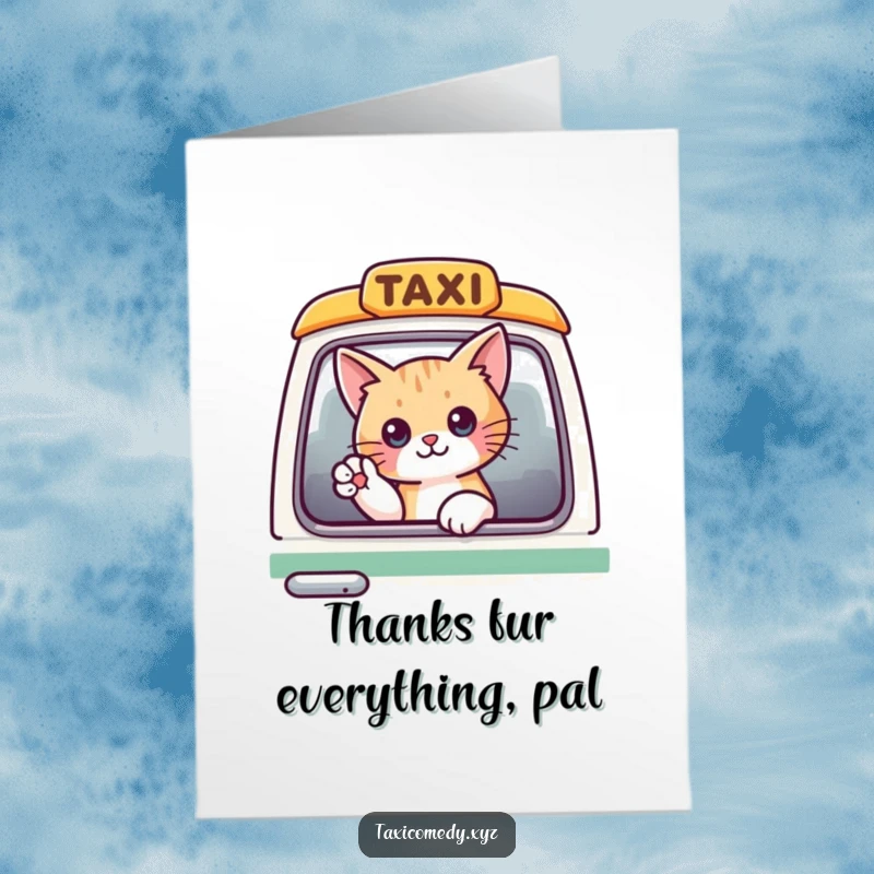 Funny free printable cat card: a cat peeking from a taxi window, waving a paw to say thank you.