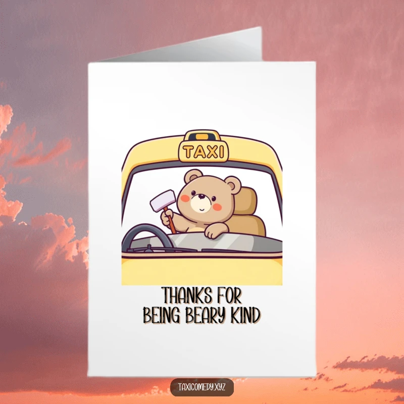 Funny Free Printable Thank You Card: A grateful bear happily polishes a taxi windshield, leaving it sparkling clean with cheer.