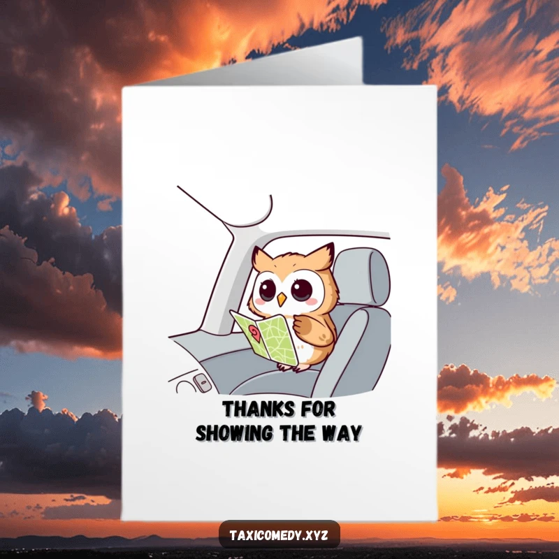 Funny Free Printable Thank You Card: Owl in passenger seat, looking at map, head tilted thoughtfully, conveying thanks.