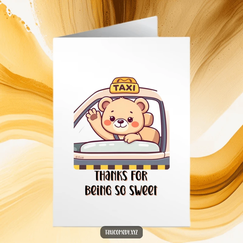 Funny Free Printable Thank You Card: Cute bear cub waving from taxi, expressing thanks, perfect downloadable art gift.
