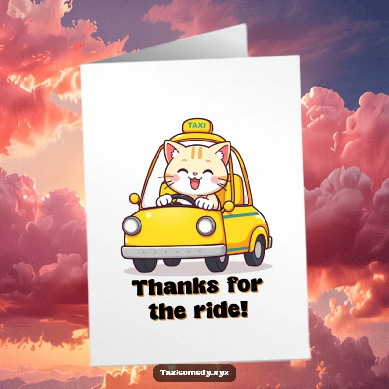 Funny free printable thank you card: a happy cat driving a yellow taxi, offering a grateful ride and a cheerful thank you.