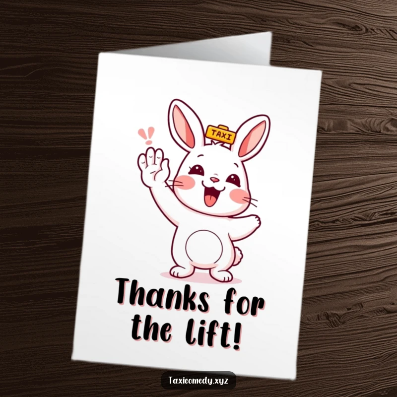 Funny Free Printable Thank You Card: Rabbit hails a taxi, expressing thanks with a comical, urgent vibe.