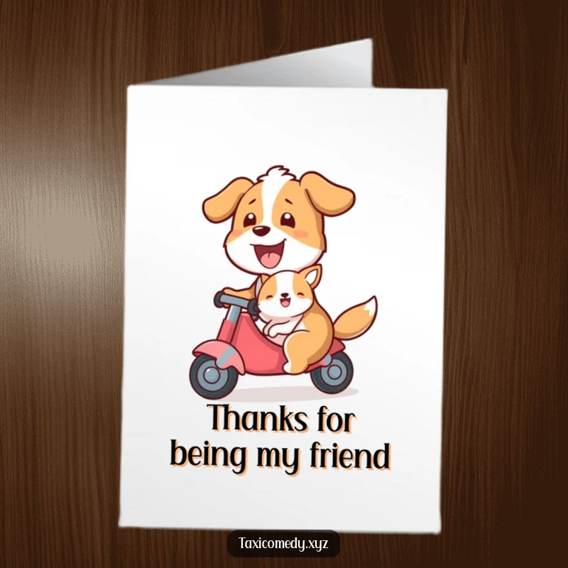 Funny Free Printable Thank You Card of a friendly dog giving a smaller animal a helpful and happy ride.