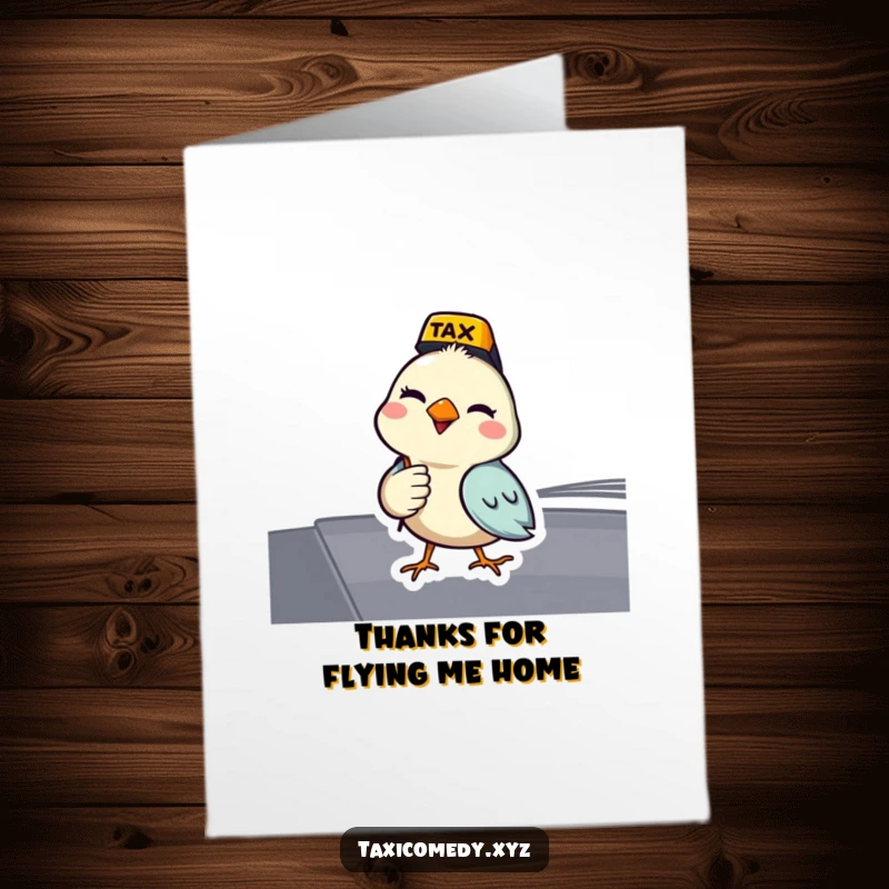 Funny free printable thank you card featuring a bird taxi driver giving a friendly wink, ready for the next fare.