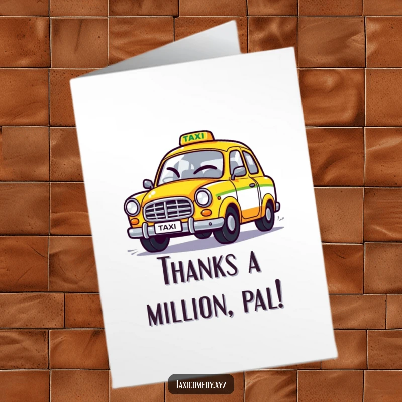 Funny Free Printable Thank You Card: A stylized taxi gives a wink as it drives away, saying thanks in a speedy, humorous way.