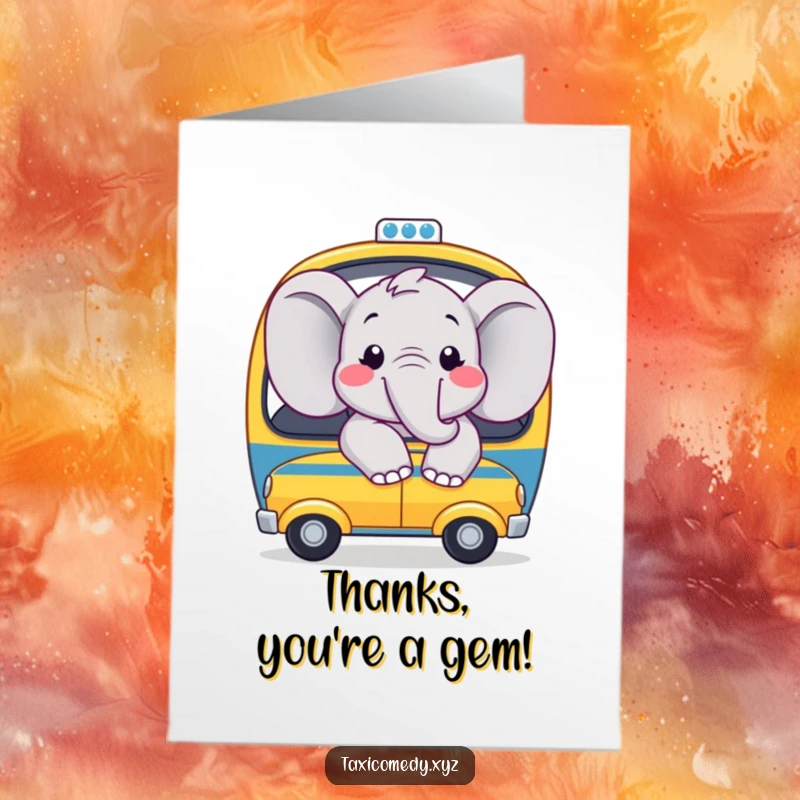 Funny Free Printable Thank You Card: Joyful elephant with big smiles, looking out the window of a toy taxi, showing thanks.
