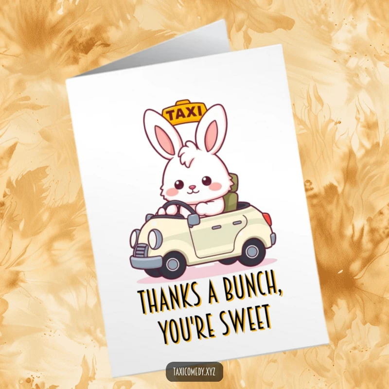 Funny Free Printable Thank You Card: A friendly bunny taxi driver nods appreciatively, thanking you for the ride.