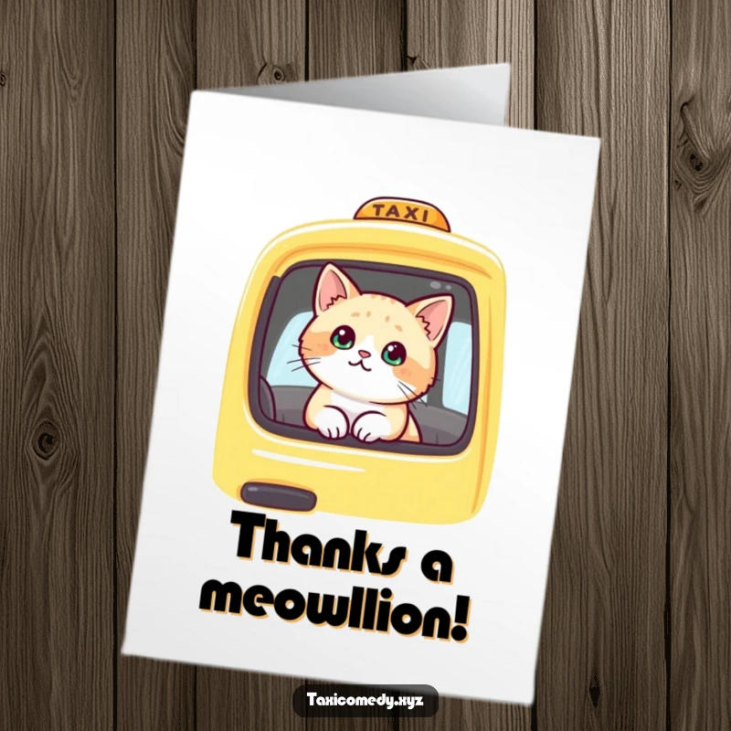 Funny Free Printable Thank You Card: Cute cat in taxi, looking grateful, perfect downloadable art gift.