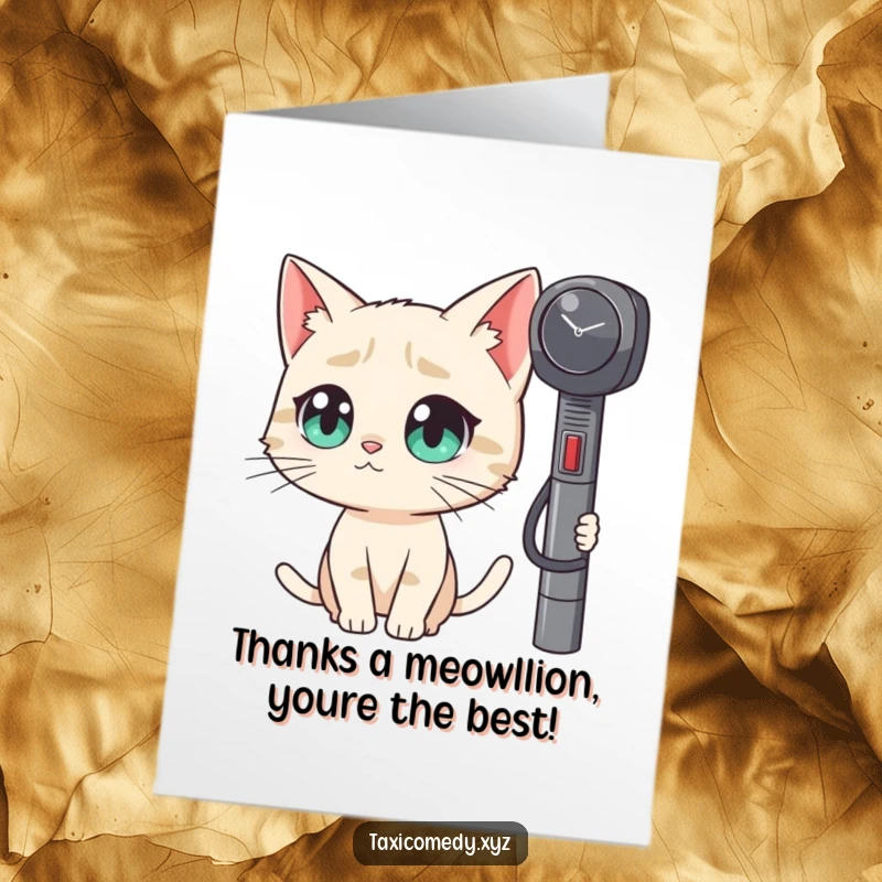 Funny Free Printable Thank You Card: A cat with enormous eyes curiously watches a taxi meter tick, conveying thanks humorously.