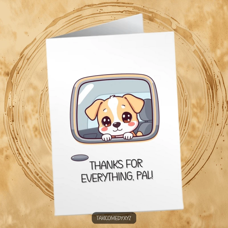 Funny Free Printable Thank You Card: Dog looks out taxi window with curiosity, a sweet way to show gratitude.