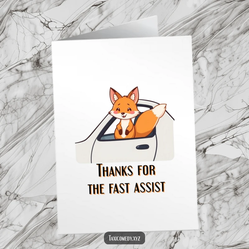 Funny free printable thank you card of a fox gleefully hanging out of a taxi window, enjoying the ride.