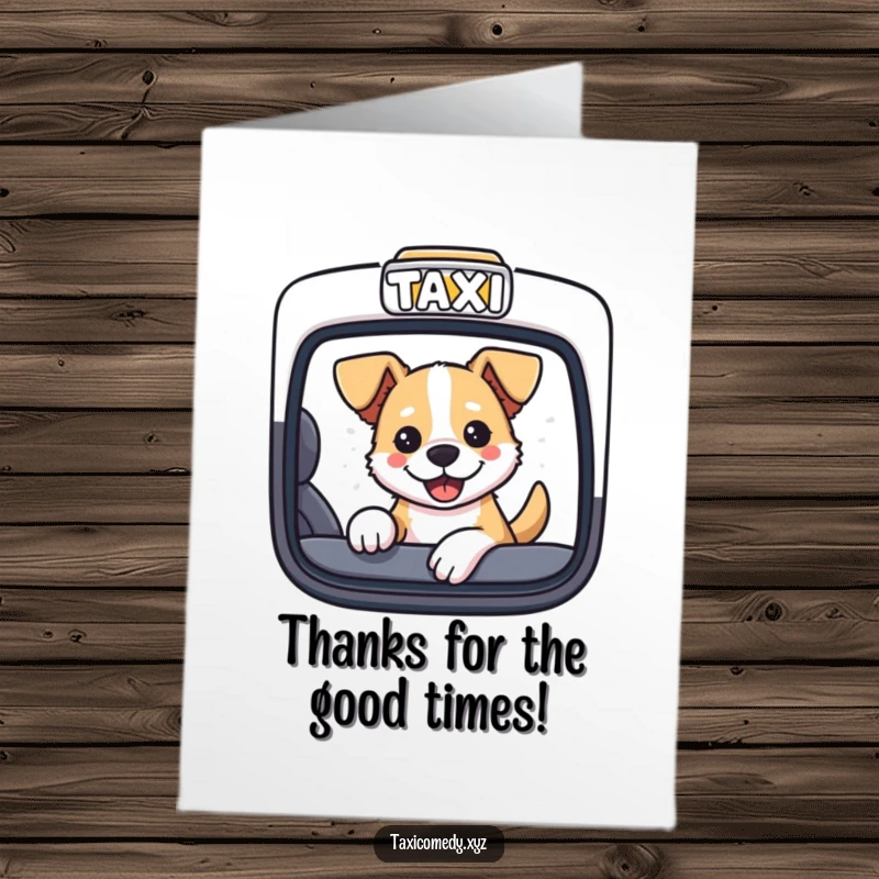 Funny free printable dog card: a dog sticks its head out of a taxi window, offering a thank you.