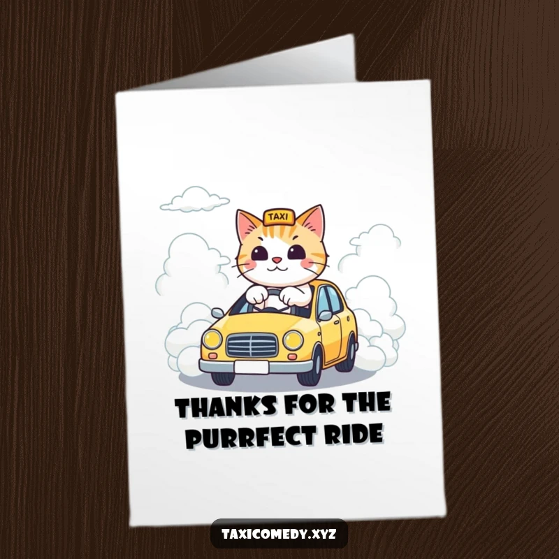Funny Free Printable Thank You Card featuring a cat driving a taxi on a cloud road, expressing sincere appreciation.