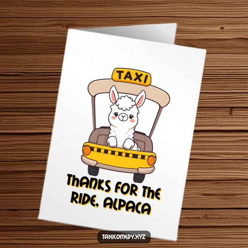 Funny Free Printable Thank You Card: A cheerful llama looking out a taxi window, conveying thanks with style.