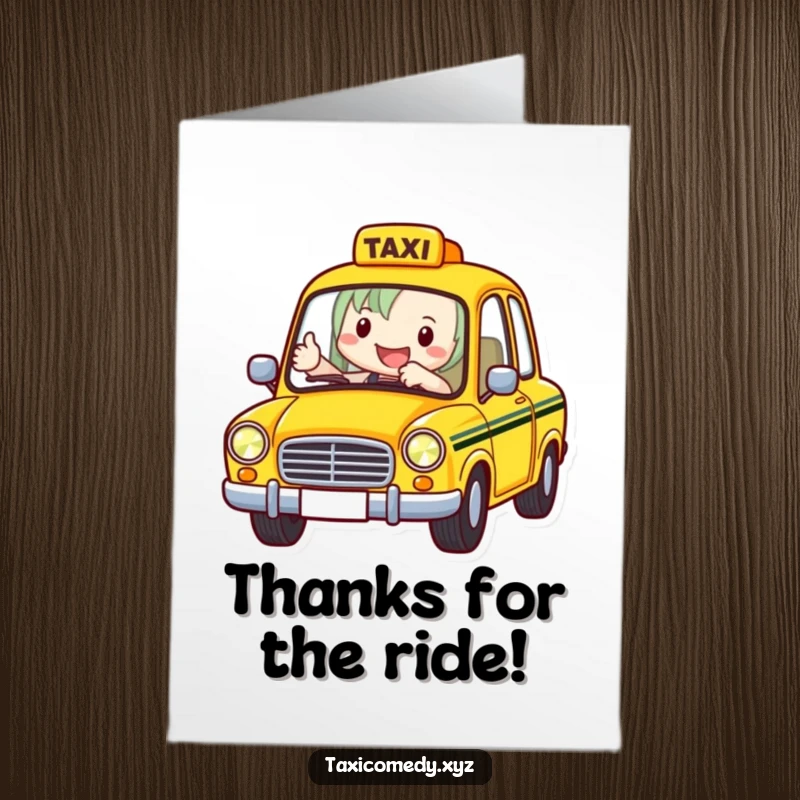 Funny Free Printable Taxi Thank You Card featuring a smiling driver giving a thumbs-up, a humorous way to say thanks.