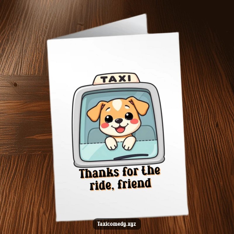 Funny Free Printable Thank You Card: Happy dog in taxi, looking back gratefully, paw raised in thanks.
