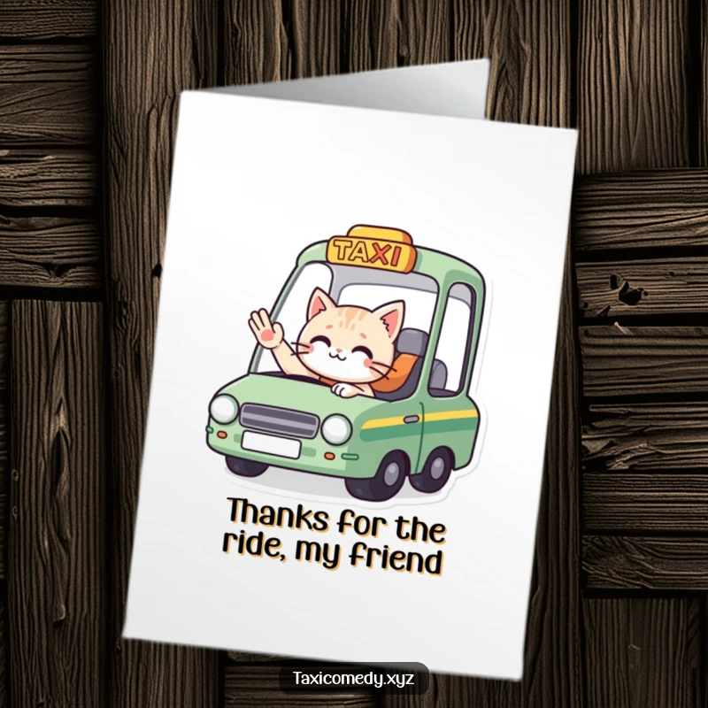 Funny free printable thank you card of a cat driver in a taxi waving goodbye to a passenger.