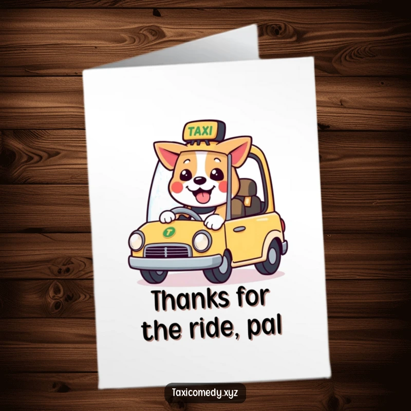 Funny free printable thank you card of a dog with a big smile driving a small taxi.